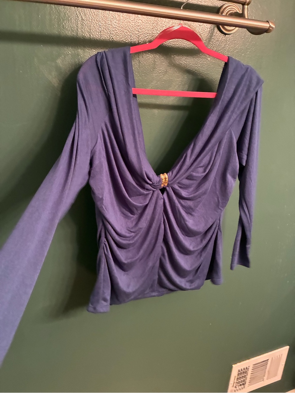 NWT Fashion Nova Draped Deep V Long Sleeve Top in Navy Blue with Gold Accent